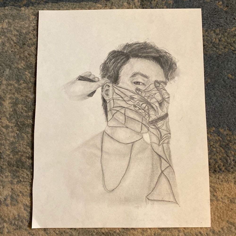 Guy wrapping his face with string (HOMEMADE DRAWING)